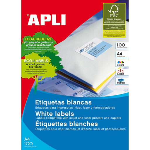 Etichette adesive Apli 100 fogli 199,6 x 289,1 mm Bianco