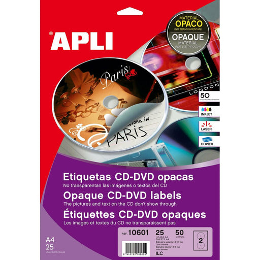 Etichette per Stampante Apli 10601 Circolare CD/DVD Bianco 25 Fogli Ø 117 mm