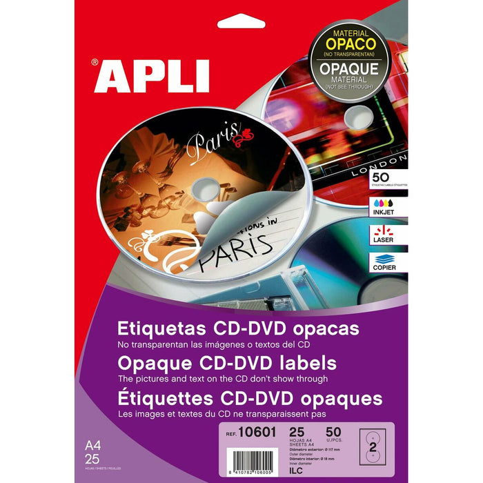 Etichette per Stampante Apli 10601 Circolare CD/DVD Bianco 25 Fogli Ø 117 mm