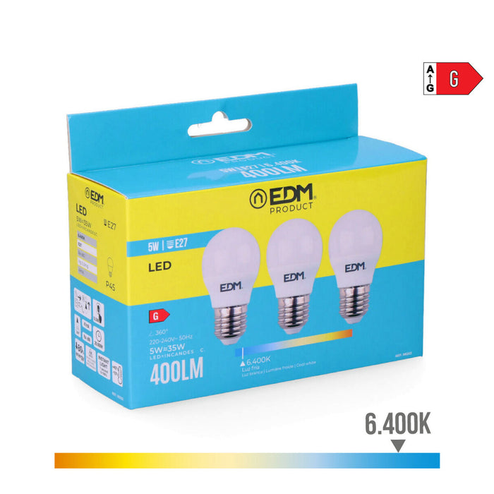Confezione da 3 lampadine LED EDM G 5 W E27 400 lm Ø 4,5 x 8 cm (6400 K)