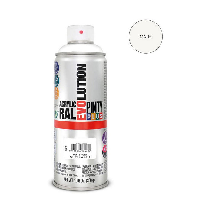 Tinta spray Pintyplus Evolution RAL 9010 400ml branco fosco puro